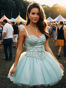 Woman in Light Blue Mini Ball Gown at Festival Fashion Portrait