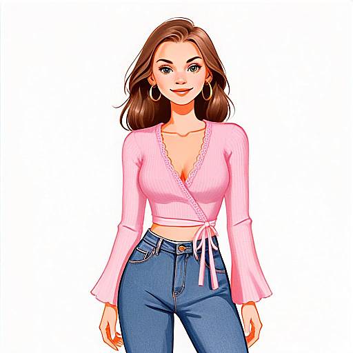 Contemporary Digital Illustration of Woman with Pretty Face and Hair in Pink Wrap Top and Jeans