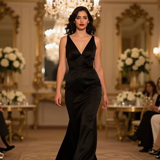 Elegant Woman in Black Satin Evening Gown on Runway in Luxurious Setting