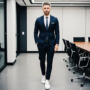 Confident man in tailored suit and sneakers in modern office