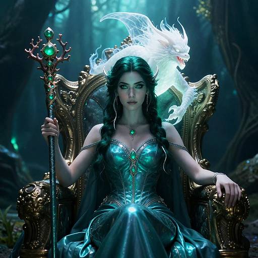 Regal Woman with Staff and Ethereal Dragon in Fantasy Forest