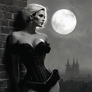 Gothic Woman in Black Corset Under Full Moon Digital Art