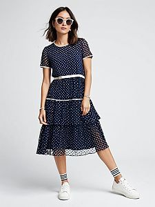 Woman in Contemporary Casual Navy Mesh Overlay Dress with White Dotted Pattern