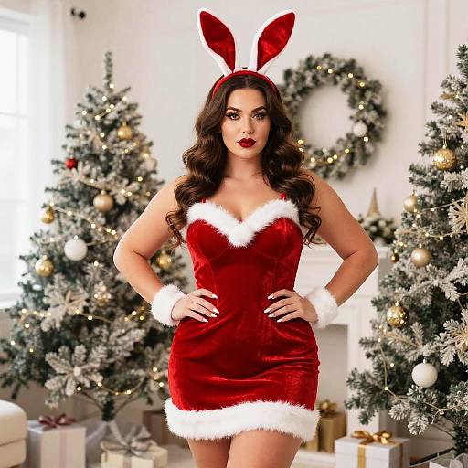 Woman in Festive Santa Bunny Costume Christmas Holiday Photo