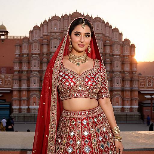 Woman in Traditional Red Indian Lehenga at Hawa Mahal Jaipur