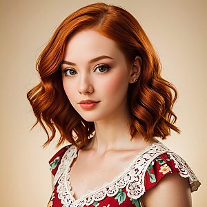Close-up portrait of a young woman with red hair and floral dress