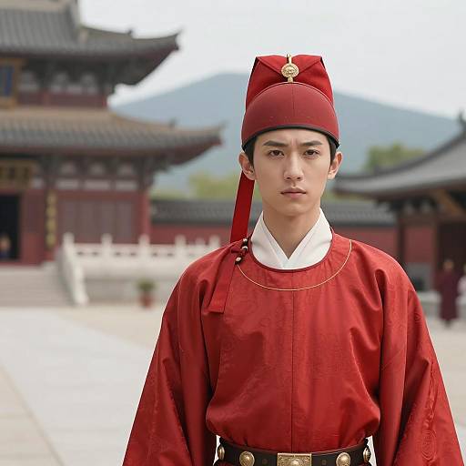 Young Man in Traditional Korean Joseon Dynasty Royal Attire at Historic Palace