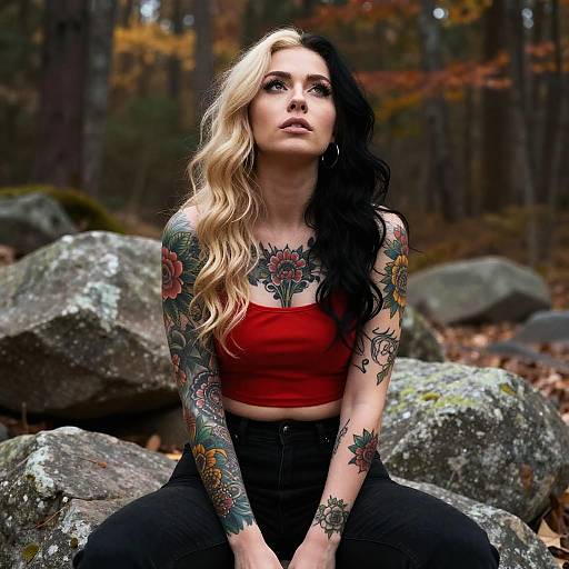 Woman with Half Blonde Half Black Hair and Floral Tattoos in Autumn Forest