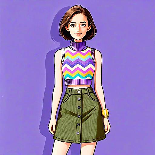 Chic Woman in Colorful Sleeveless Crop Top and Olive Green Buttoned Skirt Illustration