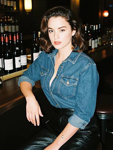 Woman in Mid Wash Denim Shirt Styled in Anscochrome Analog Film at Bar