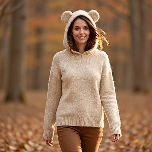 Woman in Beige Bear-Ears Hooded Sweater Walking in Autumn Forest