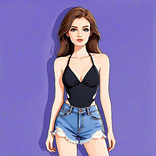 Stylish Woman in Black Halter Neck Swimsuit and Denim Shorts Illustration