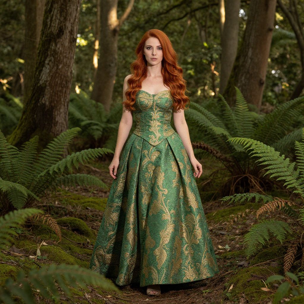 Elegant Woman in Green Gold Brocade Gown Standing in Forest