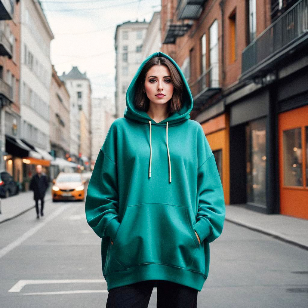 Stylish Woman in Green Hoodie on Urban Streets