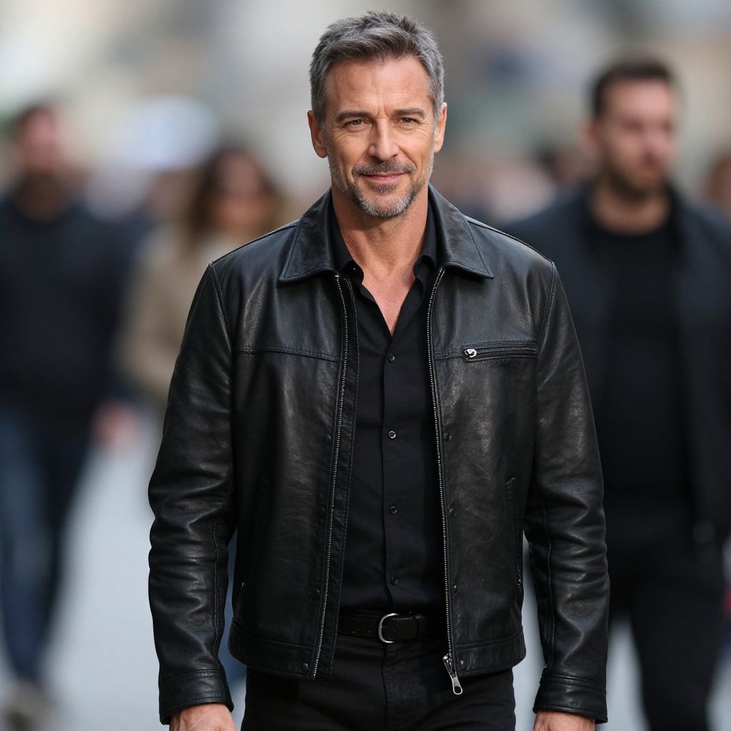 Confident Middle-Aged Man in Black Leather Jacket Walking in City