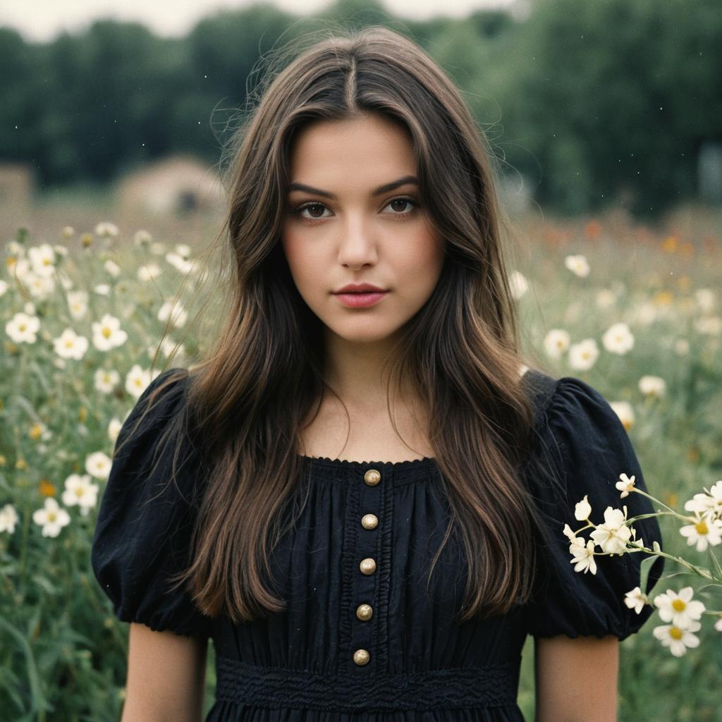 Young Woman in Black Peasant Dress with Long Hair Outdoors in Flower Field