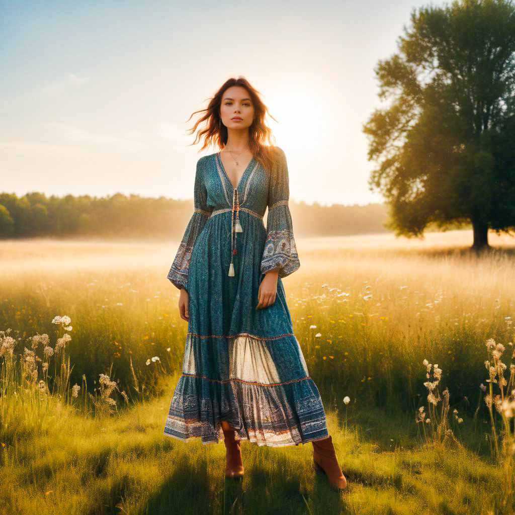 Woman in Bohemian Dress in Sunlit Field