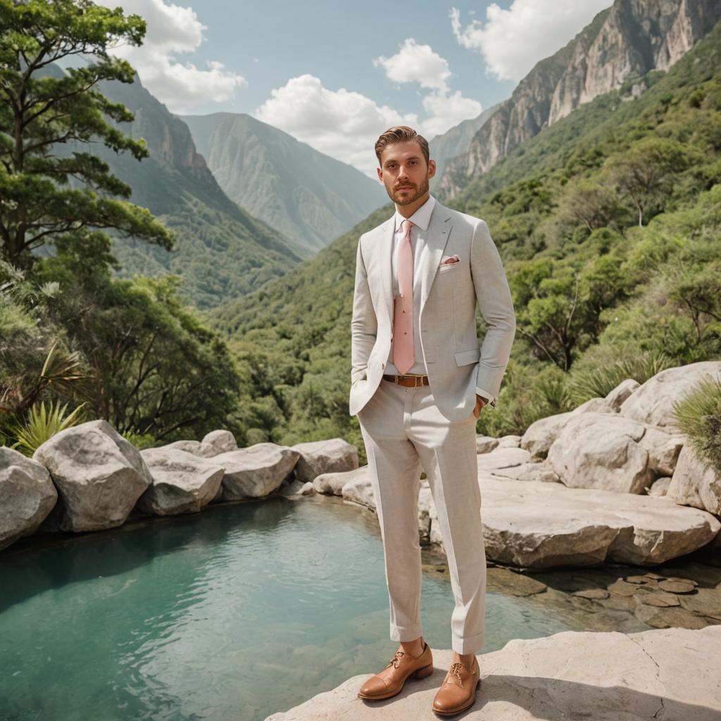 Confident Man in Nature with Mountains and Water