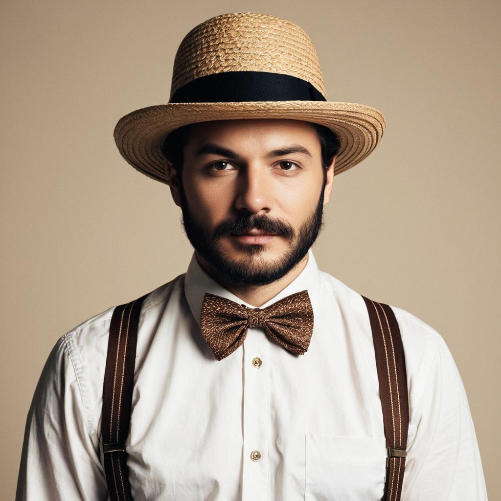 Man in Mamma Mia Costume with Straw Hat, Bow Tie, and Suspenders Man in Mamma Mia Costume with Straw Hat, Bow Tie, and Suspenders