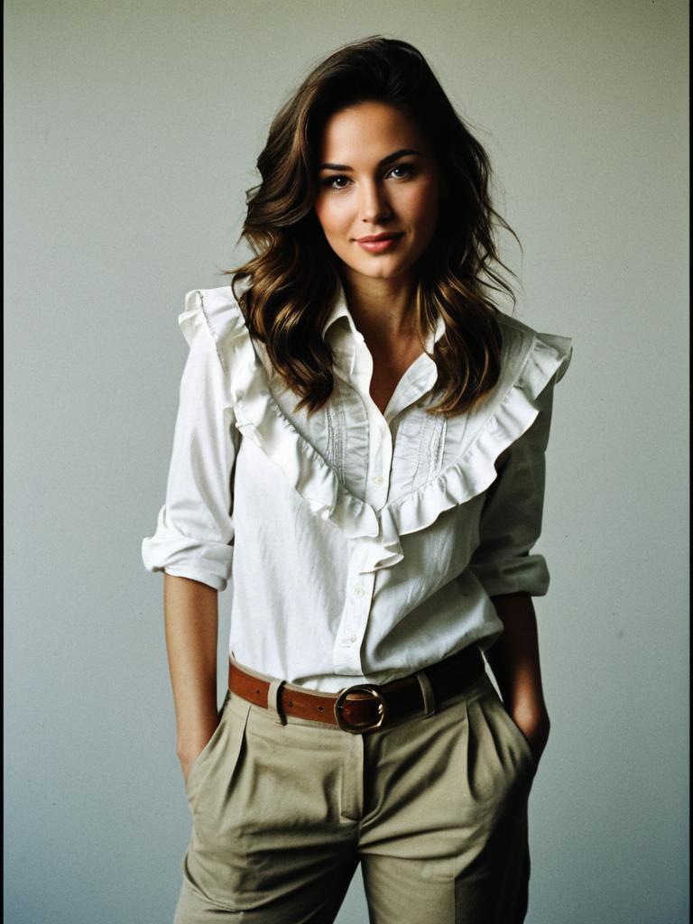 Confident Woman in White Ruffled Blouse and Beige Trousers