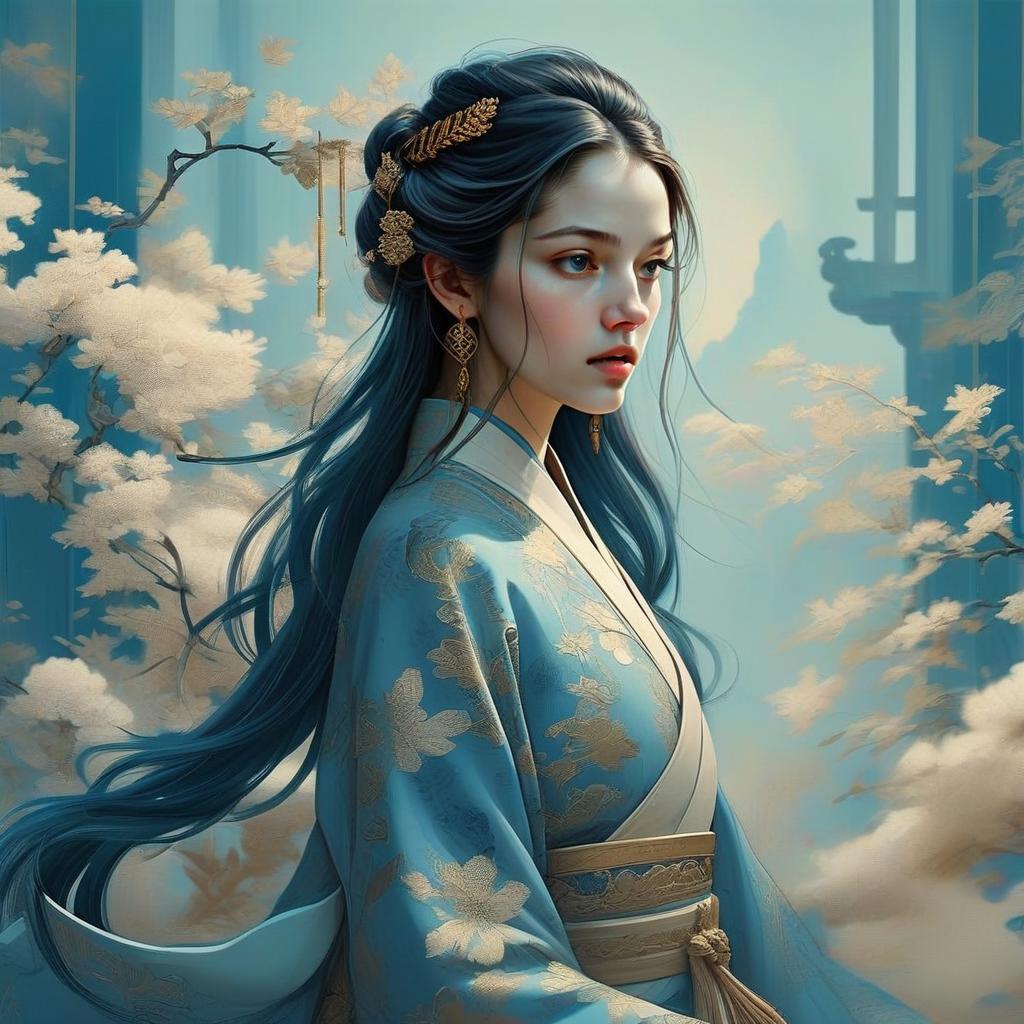 Serene Young Woman in Elegant Traditional Robe Serene Young Woman in Elegant Traditional Robe
