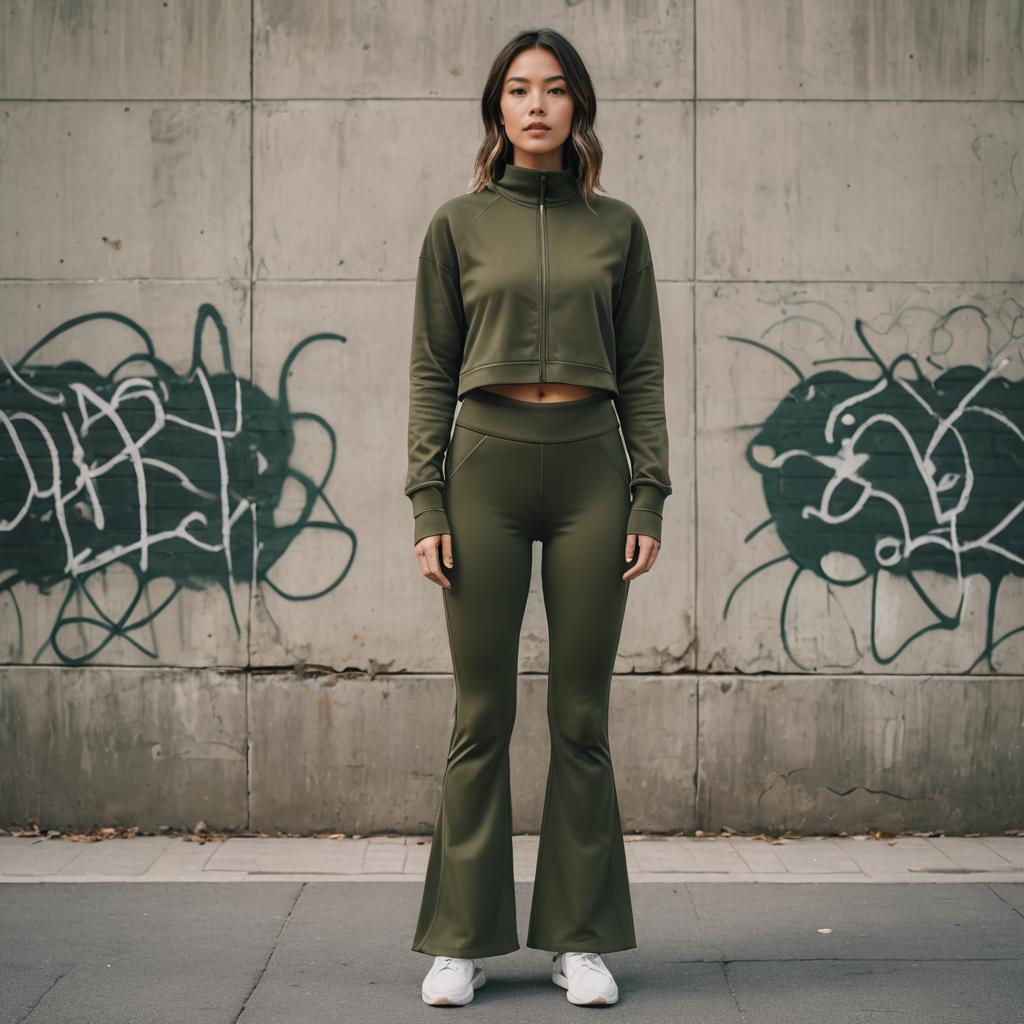 Woman Wearing Olive Green Athleisure Outfit in Urban Street Style