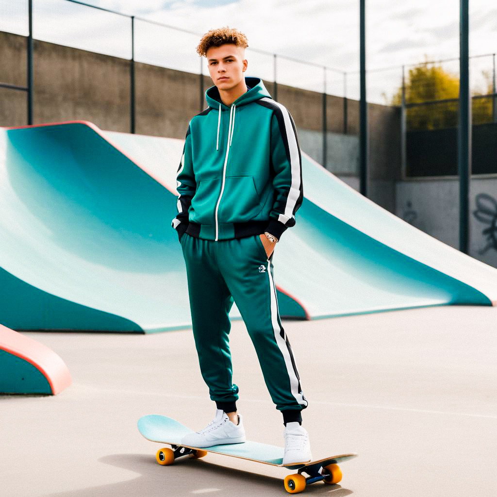 Young Man on Skateboard in Teal Tracksuit