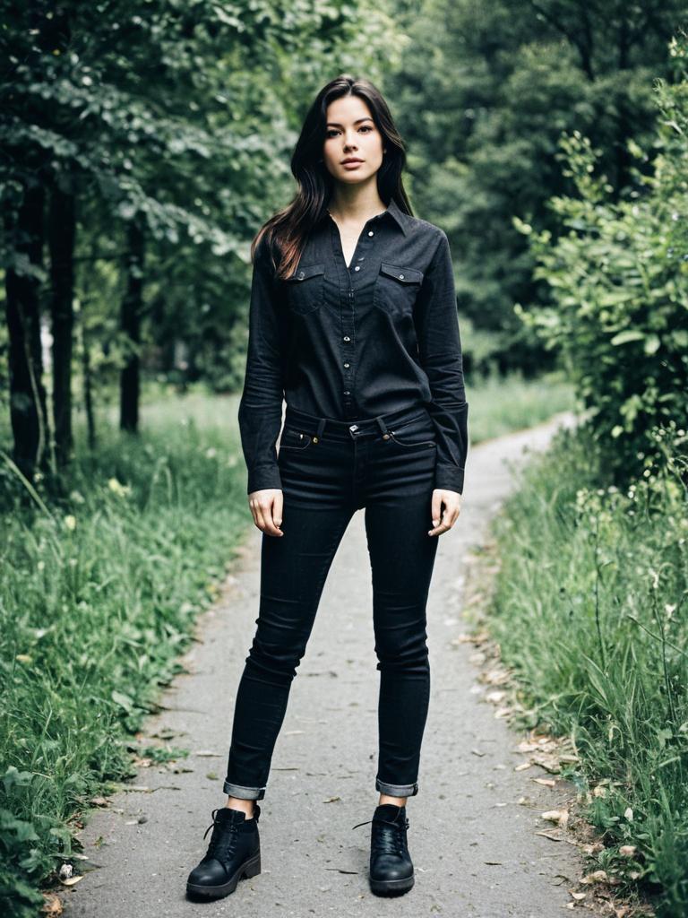 Woman in Black Jeans and Shirt Outfit Full Body Fashion Photo Outdoor