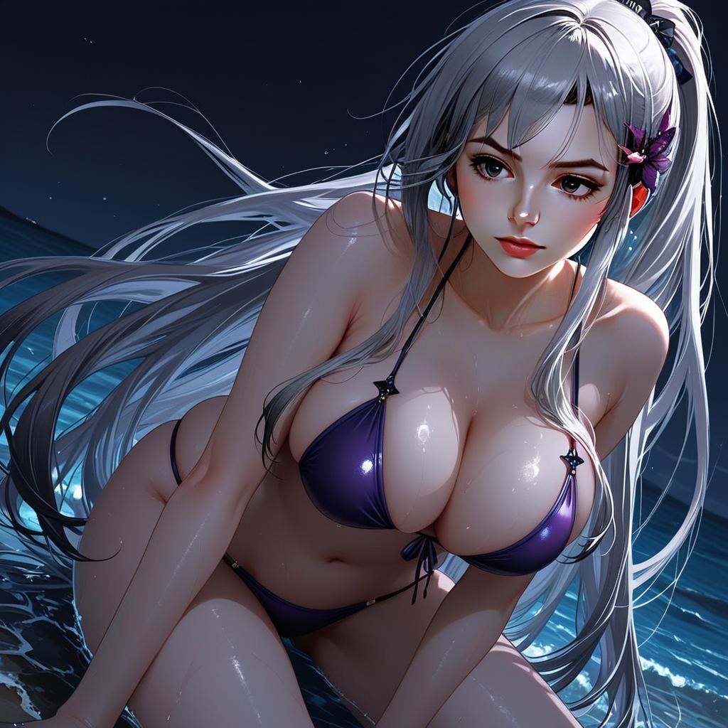 Anime Style Woman in Purple Bikini at Moonlit Beach Dunkerque Azur Lane