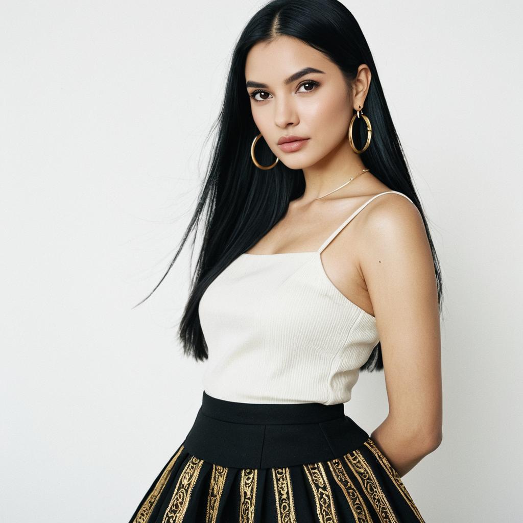 Elegant Young Woman in White Top and Black Gold Patterned Skirt
