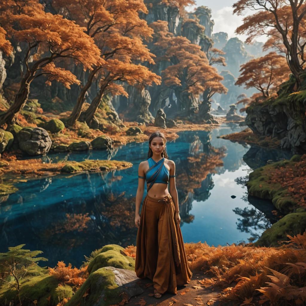 Woman in Autumn Landscape with Blue Lake