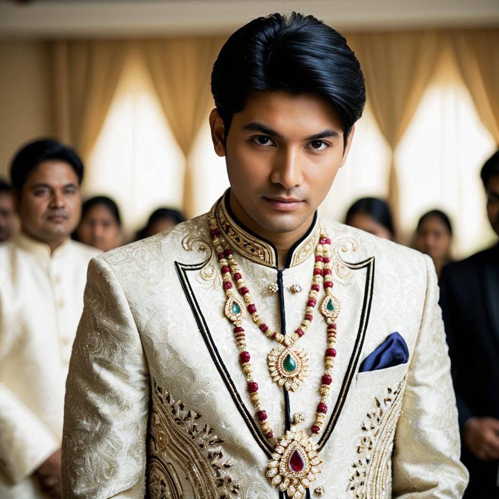 Indian Groom in Embroidered White Sherwani with Traditional Jewelry
