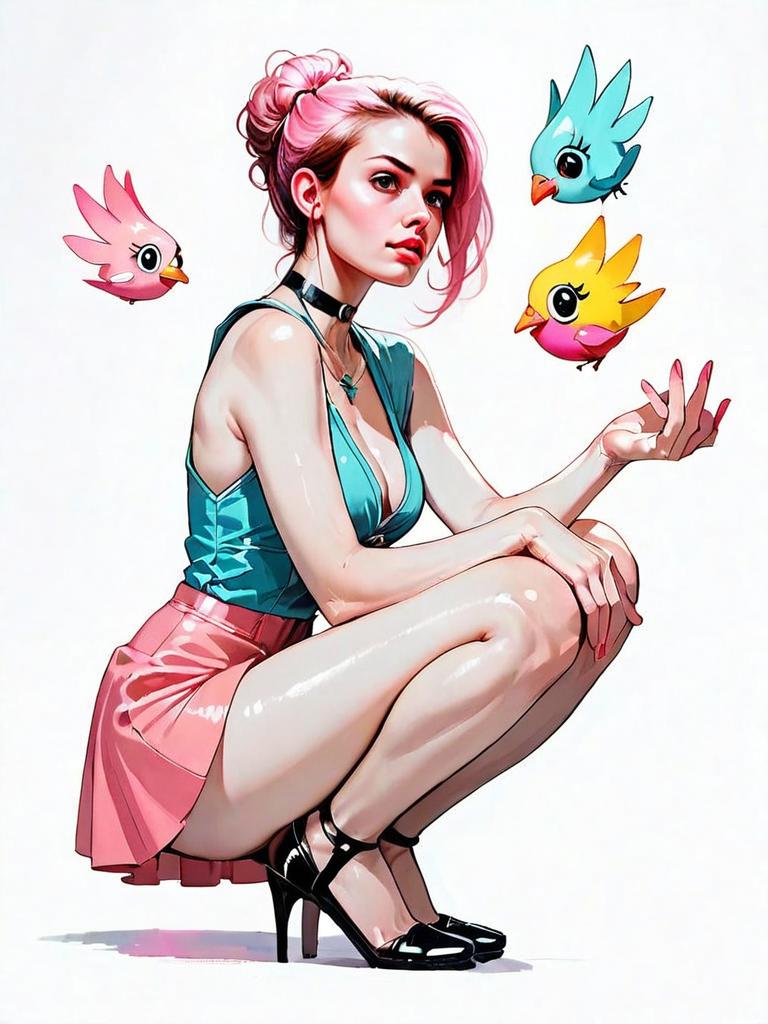 Realistic Digital Illustration of Woman with Colorful Cartoon Birds in Vibrant Style