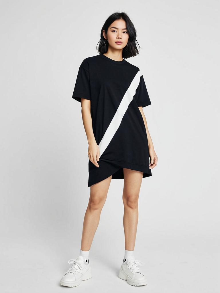 Sporty Chic Black Mini Dress with Oversized T-Shirt Style and White Diagonal Stripe