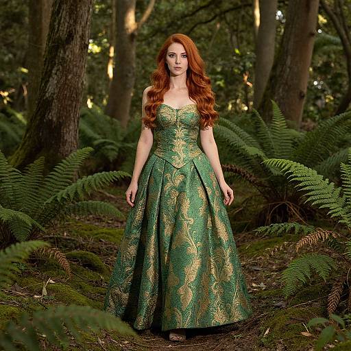 Elegant Woman in Green Gold Brocade Gown Standing in Forest