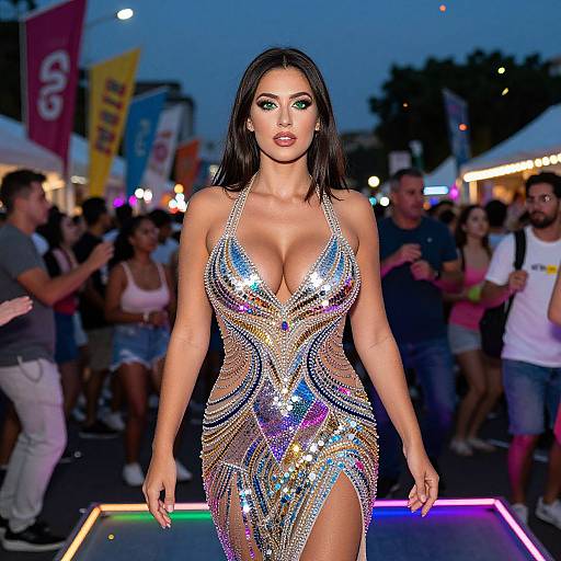 Glamorous Woman in Sparkling Sequin Dress at Evening Festival