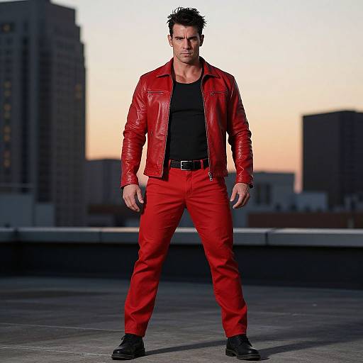 Confident Man in Red Leather Jacket and Pants on Rooftop