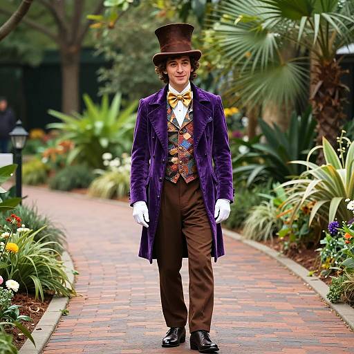Man in Victorian Purple Velvet Coat and Top Hat Walking in Garden
