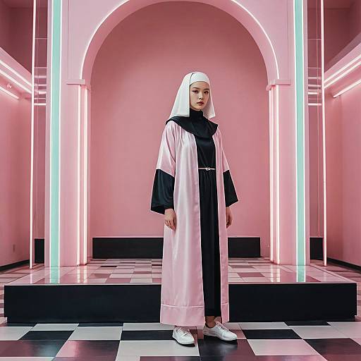 Modern Woman in Black and Pink Outfit Standing in Neon-Lit Pink Interior