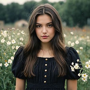 Young Woman in Black Peasant Dress with Long Hair Outdoors in Flower Field