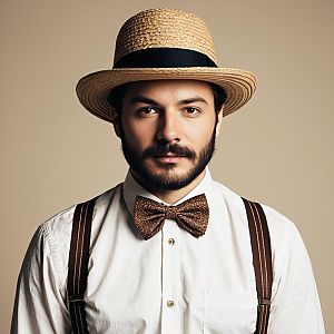 Man in Mamma Mia Costume with Straw Hat, Bow Tie, and Suspenders