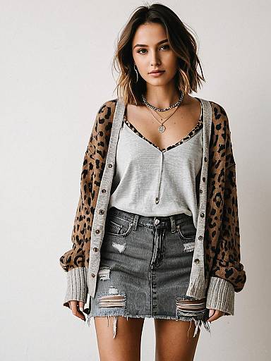 Woman Wearing Oversized Leopard Print Cardigan and Distressed Denim Skirt Casual Streetwear