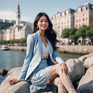 Young Woman in Light Blue Blazer by Riverside with Historic European Architecture