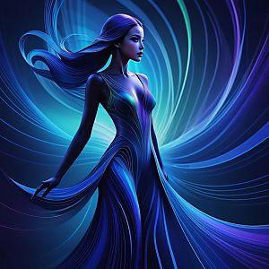Futuristic Woman in Flowing Gown with Dynamic Patterns