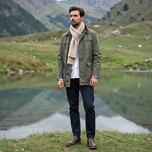 Man in Casual Autumn Outfit Standing by Mountain Lake