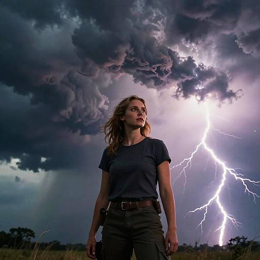 Young Woman Standing in Storm with Lightning Strike