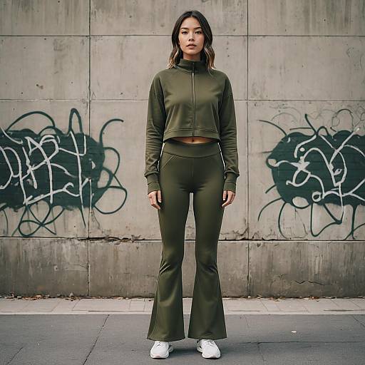 Woman Wearing Olive Green Athleisure Outfit in Urban Street Style