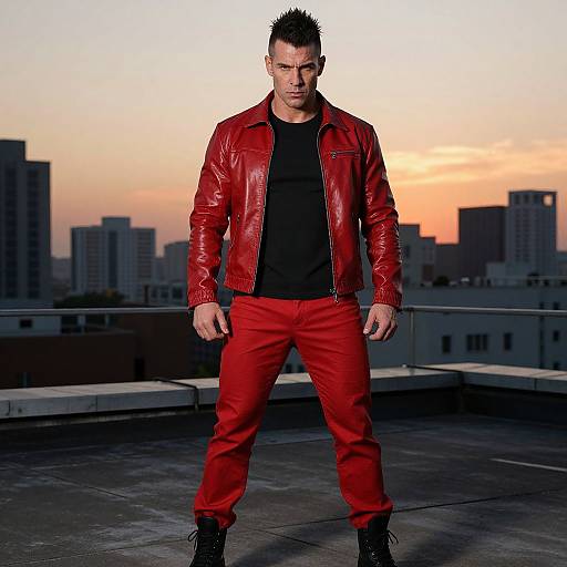 Man Wearing Red Leather Jacket and Pants on Urban Rooftop at Sunset