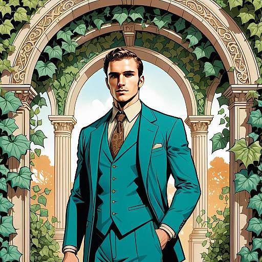 Stylish Man in Teal Suit with Ivy-Covered Classical Archway Digital Art