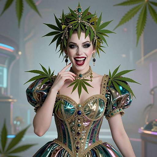 Woman in Iridescent Jewel-Adorned Costume with Cannabis Leaf Accessories